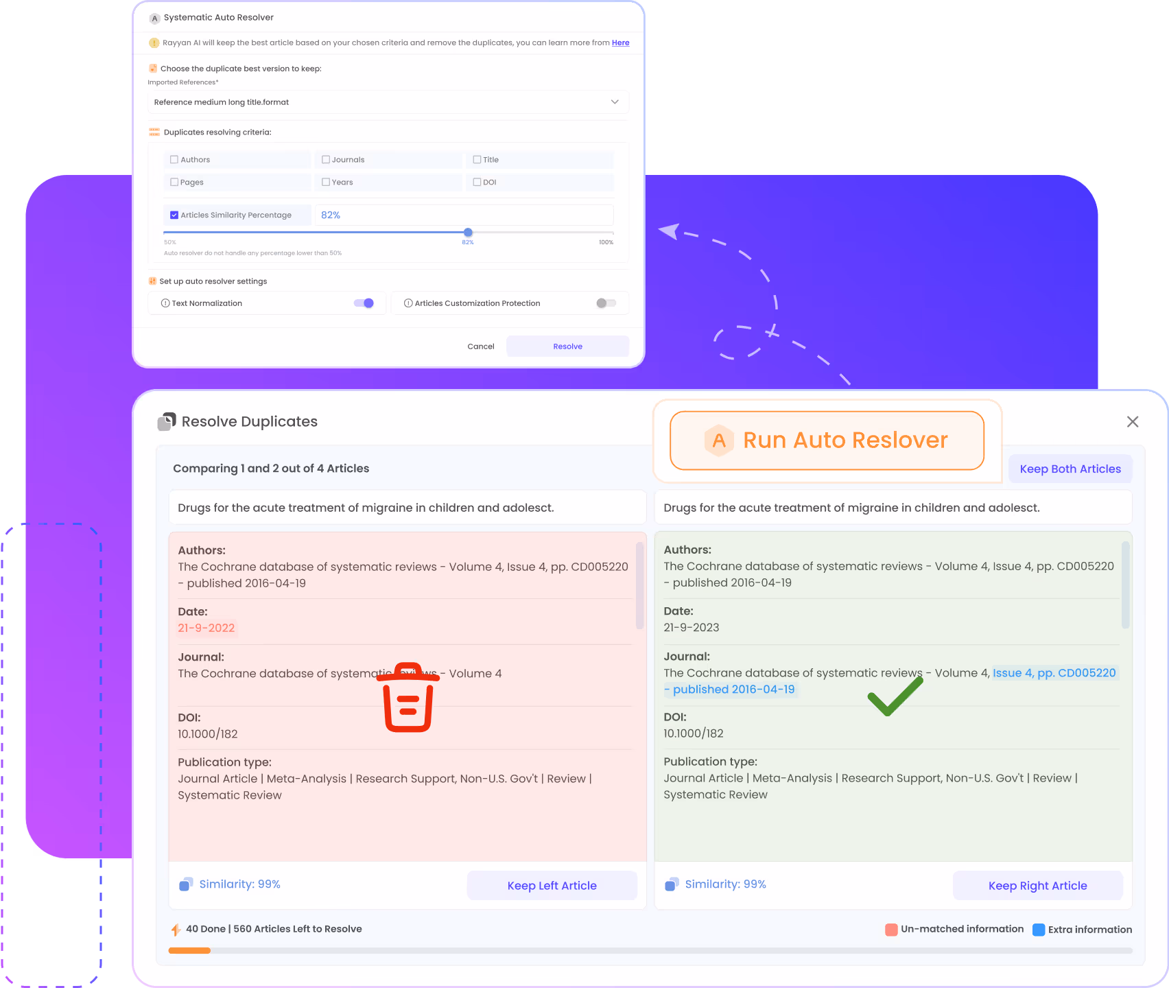 Rayyan deduplication for systematic reviews and literature reviews, auto resolve duplicates